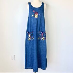 Vintage Casey Coleman Embroidered Cottagecore Denim Midi Dress Size Large